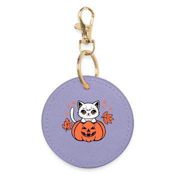 Herbst Katze Weiß Kürbis Ahorn Blatt Süß Halloween - Runder Schlüsselanhänger - Lavendel - Vorne
