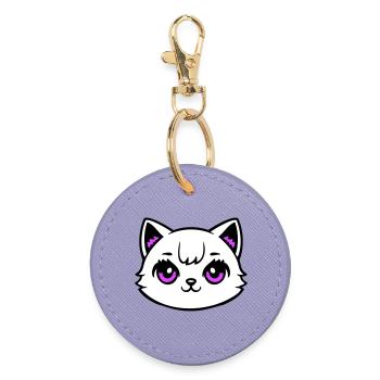Katzenkopf Pink Augen Weiß Mieze Süß Kawaii Rosa - Runder Schlüsselanhänger - Lavendel - Vorne
