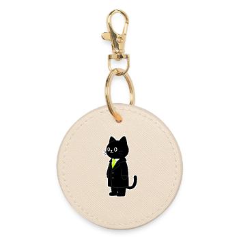 Cartoon cat in suit with neon green tie - Round Keyring - oyster - Front