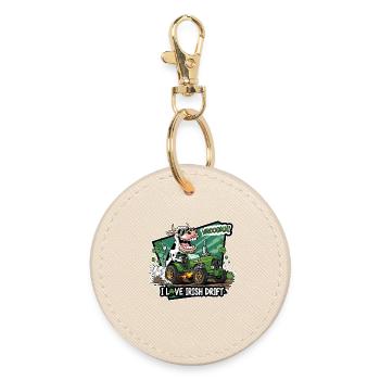 Irish Drift Cow with Green Tractor - Round Keyring - oyster - Front