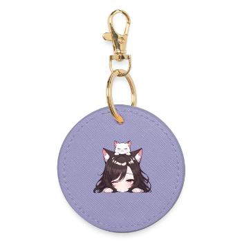 Anime Mädchen mit Katze Neko Girl - Runder Schlüsselanhänger - Lavendel - Vorne