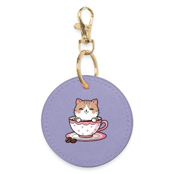 Cozy Cat in Pink Teacup - Round Keyring - lavender - Front
