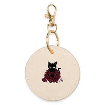 Black cat in a red ball of wool - Round Keyring - oyster - Front