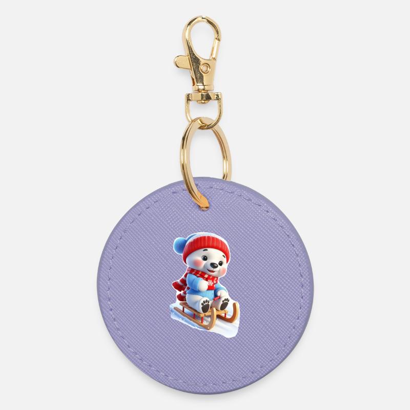 Winter bear on sled - Round Keyring - lavender