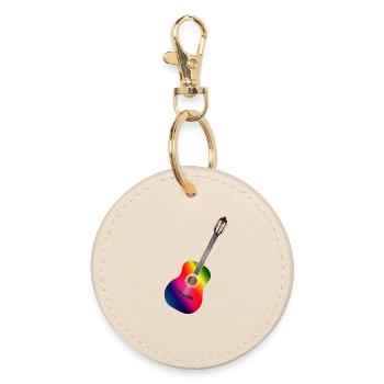 schöne bunte Akustik Gitarre in Regenbogen Farben - Runder Schlüsselanhänger - Auster - Vorne