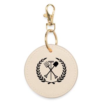 Garden tools rake, shovel, pitchfork - Round Keyring - oyster - Front