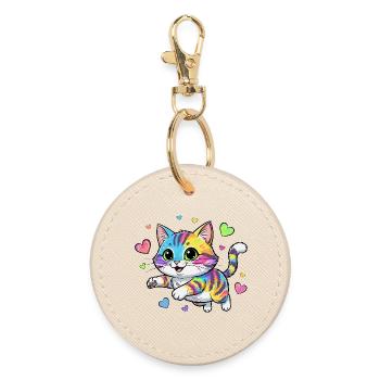 Regenbogenkatze mit Herzen - Runder Schlüsselanhänger - Auster - Vorne