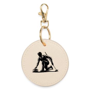 Curling Man Athlete Action Silhouette - Round Keyring - oyster - Front