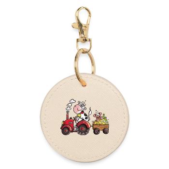 Cow driving a tractor - Farmer - Gift - Pig - Round Keyring - oyster - Front