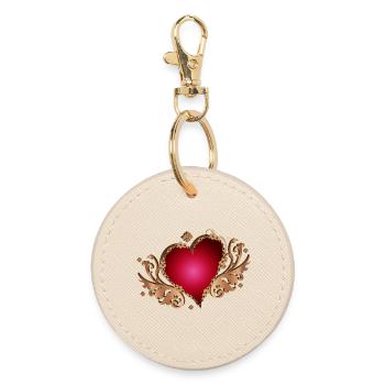 coeur rouge vif avec des ailes en bois - Porte-clés rond - huître - Devant
