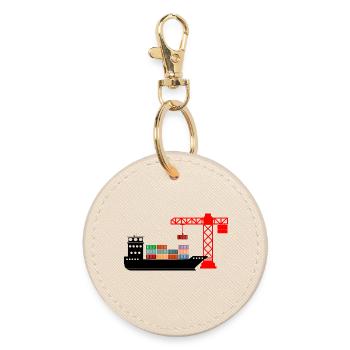 Sea container boat with crane unloading 2 - Round Keyring - oyster - Front