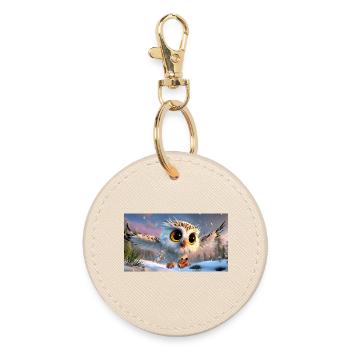 Fluffy snowy owl with googly eyes in flight - Round Keyring - oyster - Front