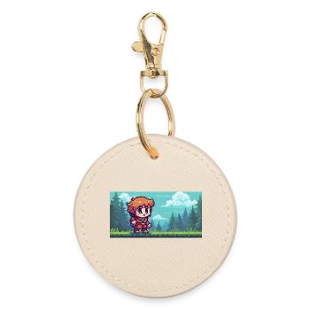Pixel hero in the forest adventure gaming scene - Round Keyring - oyster - Front