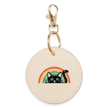 Black Cat in Rainbow Retro Rainbow Cats - Round Keyring - oyster - Front