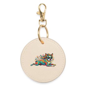 Bunter Hund Pop Art Muster und cooler Sonnenbrille - Runder Schlüsselanhänger - Auster - Vorne