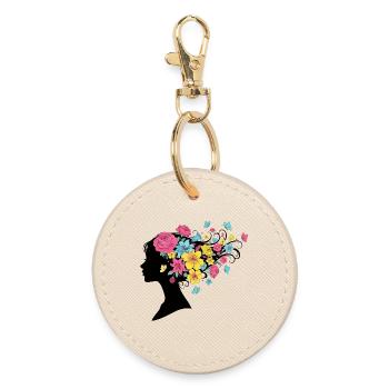 Woman's head with long flowers butterfly hair - Round Keyring - oyster - Front