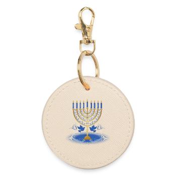 gold-colored Hanukkah candlestick with two doves - Round Keyring - oyster - Front