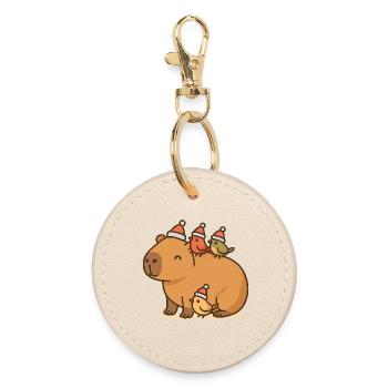 ✨ Capybara with Christmas Birds – Sweet & Peaceful - Round Keyring - oyster - Front