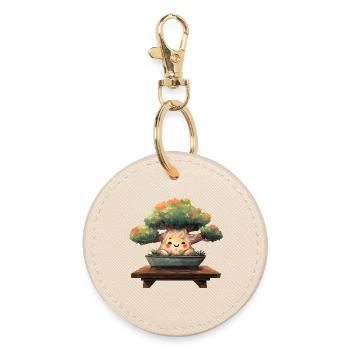 Kawaii Bonsai Smile in Pot - Round Keyring - oyster - Front