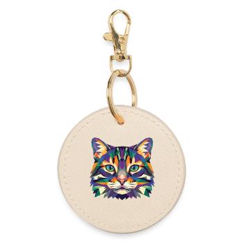 Colorful Geometric Cat Head Pop Art - Round Keyring - oyster - Front