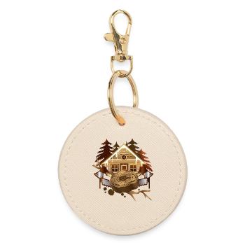 cozy lumberjack hut in the forest with axe & saw - Round Keyring - oyster - Front