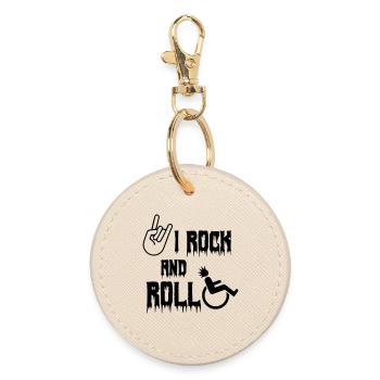 I rock and roll around in my wheelchair. Roller, music # - Round Keyring - oyster - Front