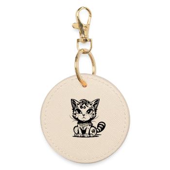 Cute Seated Manga Comic Cat - Round Keyring - oyster - Front