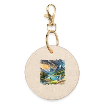 Children on bicycles in mountain landscape - Round Keyring - oyster - Front