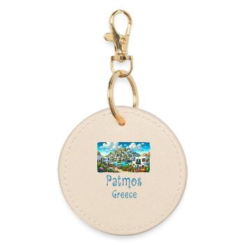 Patmos Greece holiday island beach - Round Keyring - oyster - Front