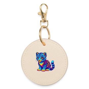 Snow Leopard Baby Cat Breed Cartoon Kawaii Animal - Round Keyring - oyster - Front