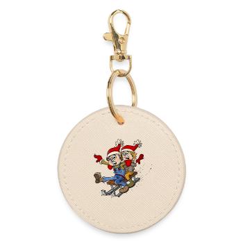 Two children have fun on a sled. - Round Keyring - oyster - Front