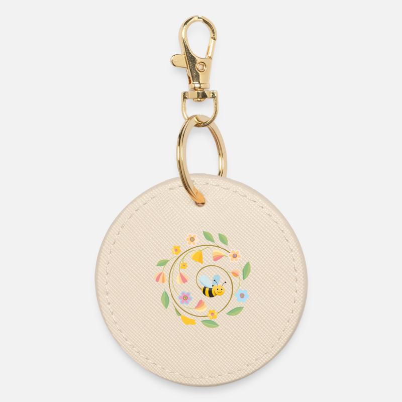 Playful bee with summer flowers - Round Keyring - oyster
