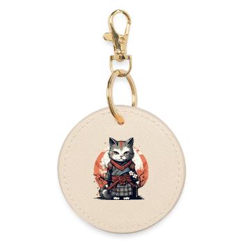 Warrior Cat Japanese Cat Samurai Cat - Round Keyring - oyster - Front