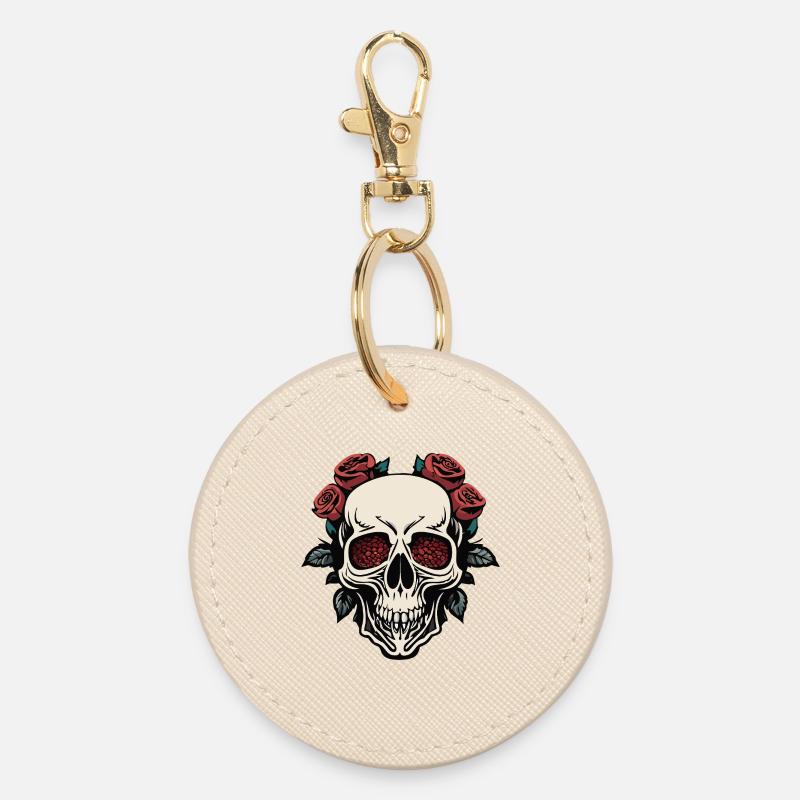 Stylish Skull with Roses and Navy - Round Keyring - oyster