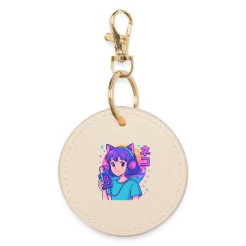 Vaporwave Neko Girl - Esthétique Anime Rétro - Porte-clés rond - huître - Devant