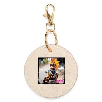 Poupée oiseau-humain avec plume de soleil et moto - Porte-clés rond - huître - Devant