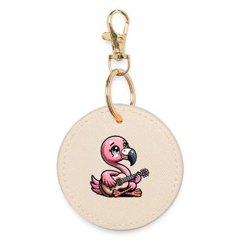 Cute Flamingo Playing Acoustic Guitar - Round Keyring - oyster - Front