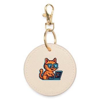 Chats pixel avec ordinateur portable et lunettes - Porte-clés rond - huître - Devant