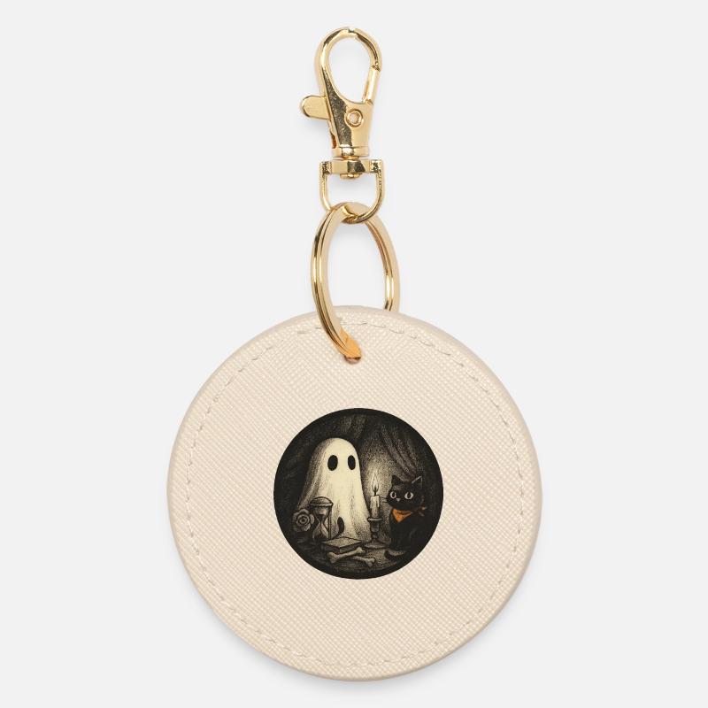 Haunted Night Cat Magic Illustration - Round Keyring - oyster