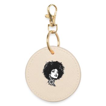 Floral Tattoo Afro Portrait Woman Monochrome - Round Keyring - oyster - Front