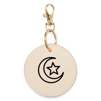 Crescent Moon & Star | Islamic Symbol Line Art - Round Keyring - oyster - Front