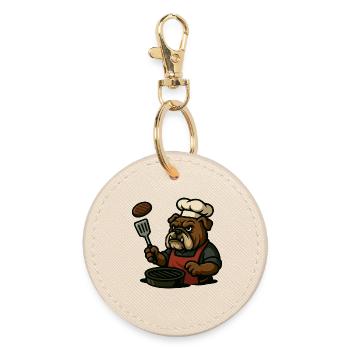 Bulldog Grill Master Flipping Steak Cartoon Art - Round Keyring - oyster - Front