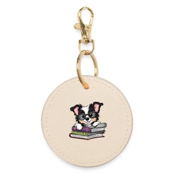 Livre de lecture de chien collet mignon avec des lunettes - Porte-clés rond - huître - Devant