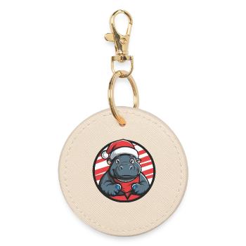 Christmas Hippo Cartoon - Round Keyring - oyster - Front