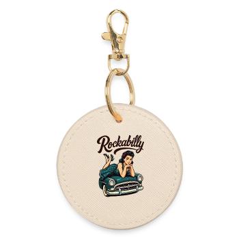 Rockabilly Vintage Car Pin Up Girl Gift - Round Keyring - oyster - Front
