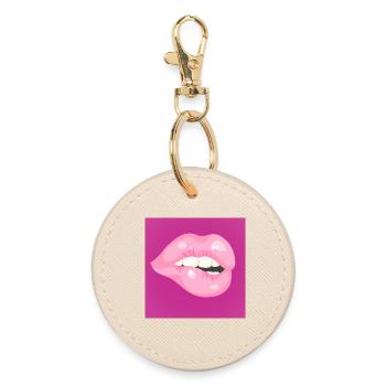 Glossy Pink Lip Bite on Magenta - Round Keyring - oyster - Front