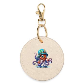 Oktopus Entdecker mit Weltkartenhelm - Runder Schlüsselanhänger - Auster - Vorne