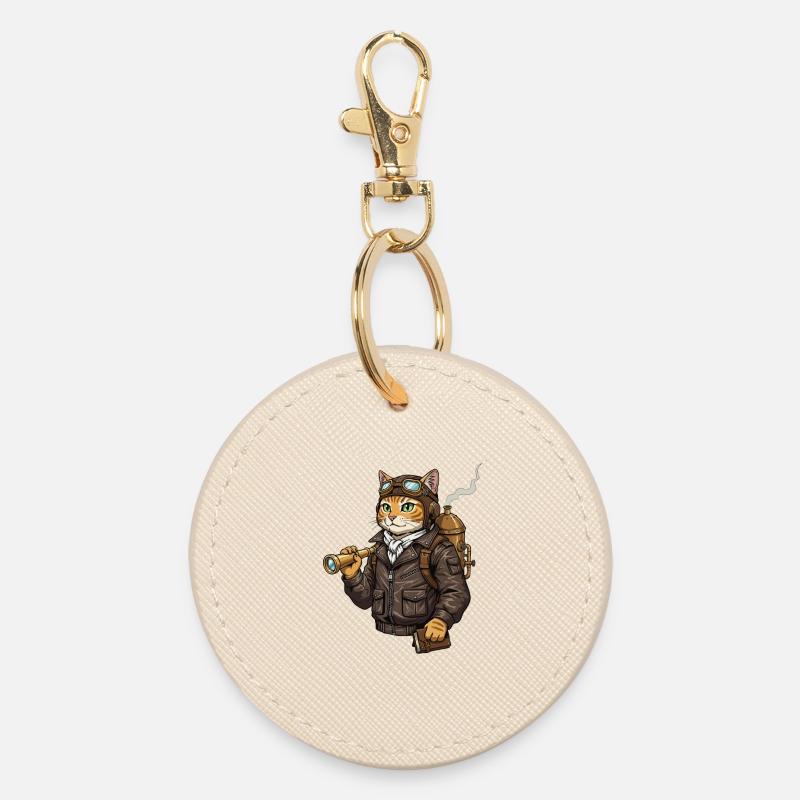 Cat Aviator Steampunk Explorer Curiosity - Round Keyring - oyster