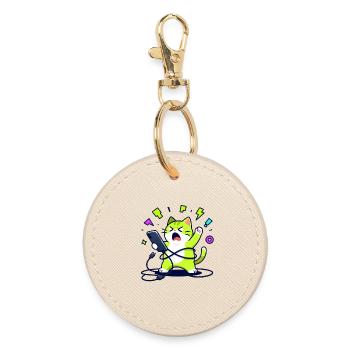 Overwhelmed funny geek chat with phone - Round Keyring - oyster - Front