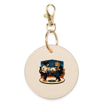 Two Retro Cats Dancing – Vintage Style - Round Keyring - oyster - Front